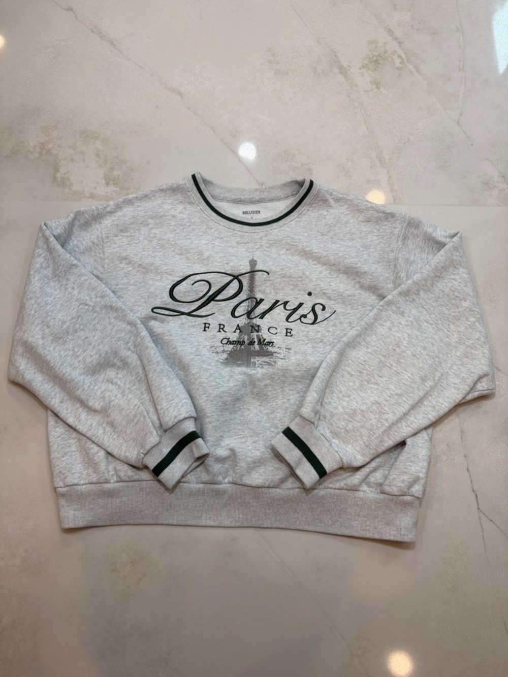 Hollister Light Gray Paris France Crewneck with Dark Green Trim
